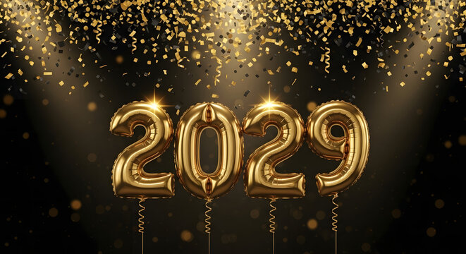 Black and gold New Year luxury background, metallic balloons ‘2029’, confetti rain, dramatic lighting