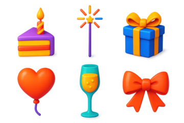 Set of six colorful 3D images of birthday cake, candles, wine glass, heart, bow, and gift box