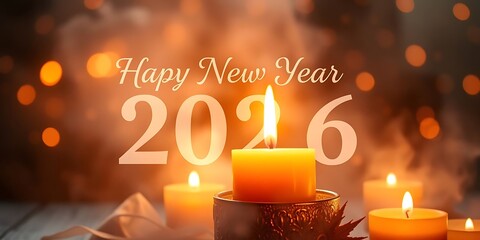 Happy New Year 2026 text above multiple lit candles creating a warm, cozy, and soft focus background with beautiful orange bokeh lights.