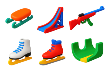 Collection of six different types of winter sports equipment, including skis, snowboards, and a rifle