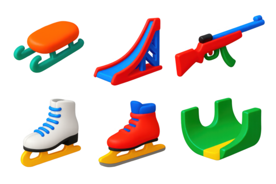 Collection of six different types of winter sports equipment, including skis, snowboards, and a rifle