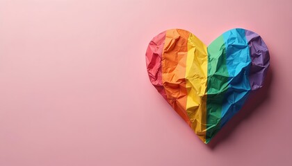 Rainbow heart made of crumpled paper rests on pink background. This symbol represents love diversity pride and acceptance for LGBTQ community and gender equality.
