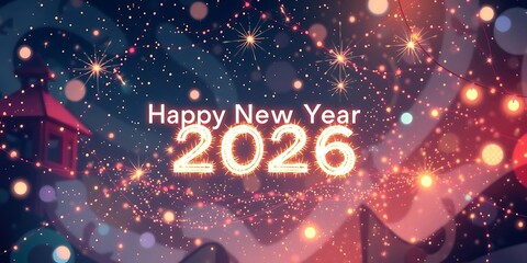 Happy New Year 2026 text glowing brightly over a dark, festive background with sparkling lights, bokeh, and abstract elements.