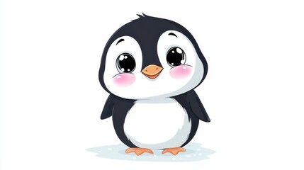 Obraz premium A joyful cartoon penguin with rosy cheeks and bright eyes smiles warmly while standing in snow.