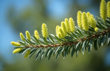 Branch with young green pine cones. Close up shot of new growth on coniferous tree. Soft natural light illuminates fresh needles and developing buds in springtime.