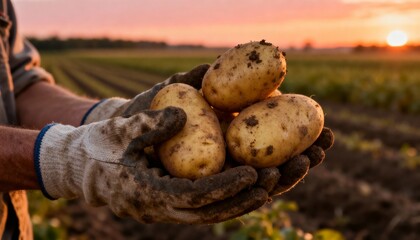 Farmer holding a fresh harvest of potatoes in a field at sunrise. Close-up of hands with organic vegetables from the farm