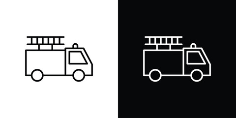 Fire truck icons pack. Set of black and white liner stroke symbols