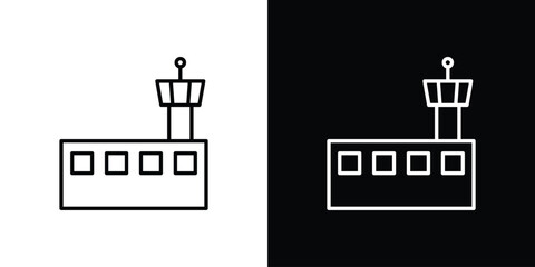 Flight Control tower icons pack. Set of black and white liner stroke symbols