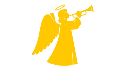 Elegant gold angel blowing trumpet, announcing joyful tidings, classic holiday symbol for festive celebrations and spiritual events, vector icon