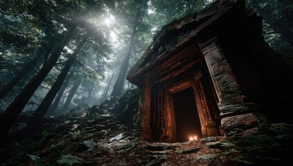 Stone mausoleum entrance in moody, misty, deep forest