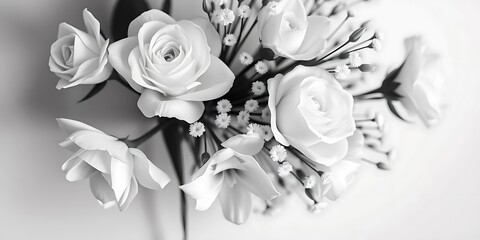 Elegant black and white close-up of a bouquet featuring roses and small filler flowers, emphasizing texture, contrast, and classic romance.