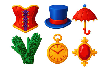 Collection of cartoon characters with various accessories, including a green glove, a red top, a blue hat, an umbrella, and a clock