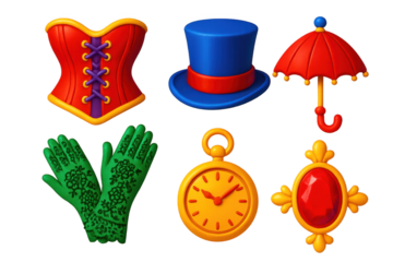 Collection of cartoon characters with various accessories, including a green glove, a red top, a blue hat, an umbrella, and a clock