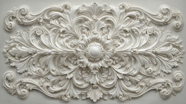 Beautiful ornate plasterwork adorns the wall with intricate floral patterns and a central medallion.