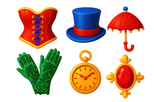 Collection of cartoon characters with various accessories, including a green glove, a red top, a blue hat, an umbrella, and a clock