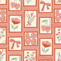 Romantic Postal Stamps Seamless Vector Pattern Valentines Day Digital Paper Postmark Scrapbooking