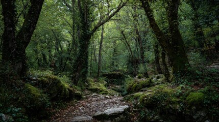 Obraz premium A serene forest path winds through vibrant greenery inviting serene discovery and adventure.