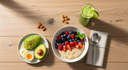 Healthy Breakfast Spread
This is an image of a healthy and vibrant breakfast spread laid out on a light wooden table.
