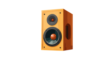 Modern orange wooden speaker with dual drivers illustrated in clean bold style representing audio equipment music listening technology concept for sound enthusiasts on white background