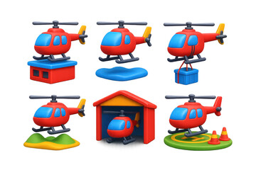 Fototapeta premium Set of six red and blue toy helicopters. The helicopters are all different sizes and are positioned in various poses. Concept of playfulness and fun