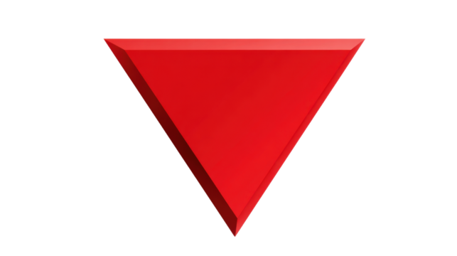 Bold inverted red triangle with smooth glossy 3D surface design symbolizing warning direction geometry and modern graphic shape concept on white background
