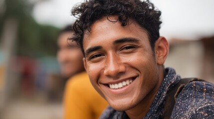 A cheerful young man sits outdoors enjoying the moment while smiling brightly at the camera.