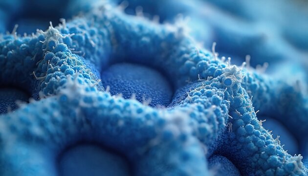 Detailed view intricate blue cellular structure. Shows complex organic patterns, textures. Perfect for science visualization, biology education. Ideal for medical environmental research material. - Powered by Adobe