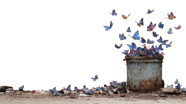 Surreal scene with vibrant blue butterflies emerging from old rusty trash can surrounded by scattered debris symbolizing transformation hope beauty contrast on white background