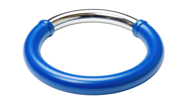 Glossy blue circular fitness ring with metallic upper section isolated as modern exercise equipment design element for sport and wellness concepts on white background