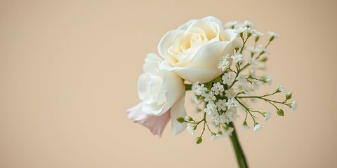 Two small white and pale pink roses with baby's breath, presented simply on a light beige background with extensive negative space for text.