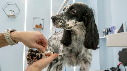 At a pet grooming salon, a middle-aged male groomer is trimming the fur of an adorable English...