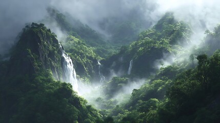 Lush Tropical Valley Cascades Through Mystical Mountain Forest Environment