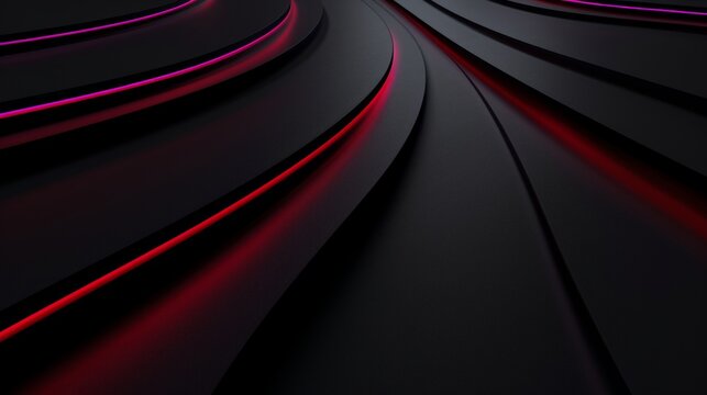 Abstract dark background with glowing red neon curves. Futuristic 3D technology wallpaper with flow and motion