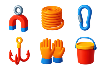 Set of six objects, including a magnet, rope, and bucket, are shown in a stylized, cartoonish way. The objects are arranged in a grid, with each one occupying a different space