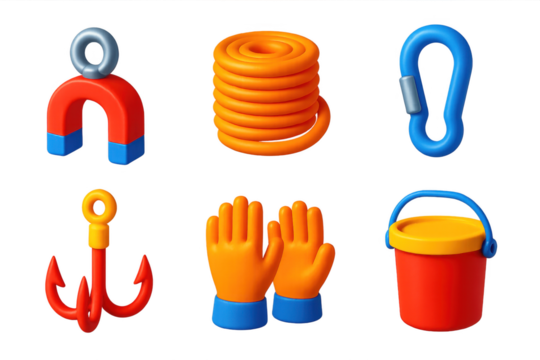 Set of six objects, including a magnet, rope, and bucket, are shown in a stylized, cartoonish way. The objects are arranged in a grid, with each one occupying a different space