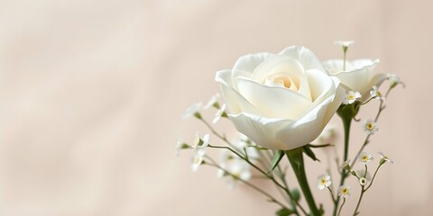 A single perfect white rose and baby's breath set against a soft, light beige background with ample copy space and subtle shadows.
