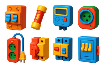Collection of colorful electrical components, including switches, outlets, and a timer. Scene is playful and whimsical