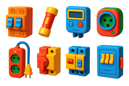 Collection of colorful electrical components, including switches, outlets, and a timer. Scene is playful and whimsical