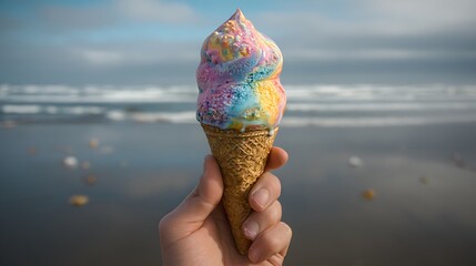 Hand Holding Multicolored Ice Cream Cone on Beach with Blurry Ocean Background