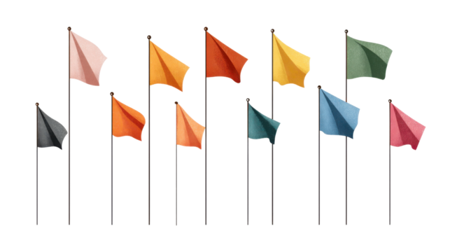 Collection of colorful fabric flags arranged vertically in clean  display representing celebration diversity organization communication decoration and festive symbolic elements on white background 