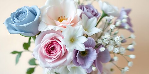 Close-up of a delicate floral arrangement featuring soft blue, pink, and lavender roses and white flowers on a pastel background.
