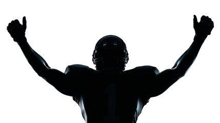 Silhouette powerful American football athlete raising arms triumphantly in dramatic low-key lighting symbolizing victory strength teamwork determination celebration spirit on white background