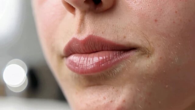 Close-up of a person's lips and lower face with visible skin texture and natural lip color
