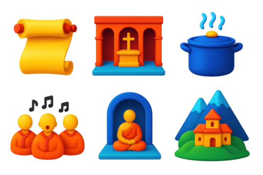 Set of icons for different religious buildings and a pot. The icons are all in different colors and sizes