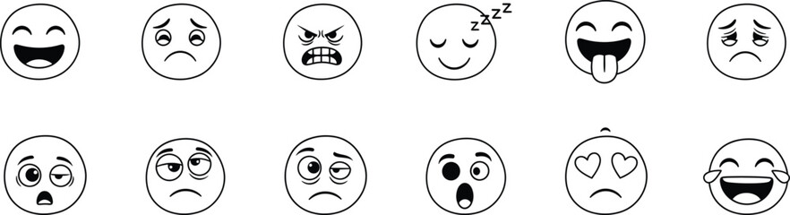 Cartoon faces with different expressions in black and white