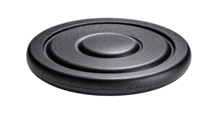 Smooth circular black textured disc displayed in clean studio lighting emphasizing shape, durability, balanced form and modern minimalist industrial design on white background
