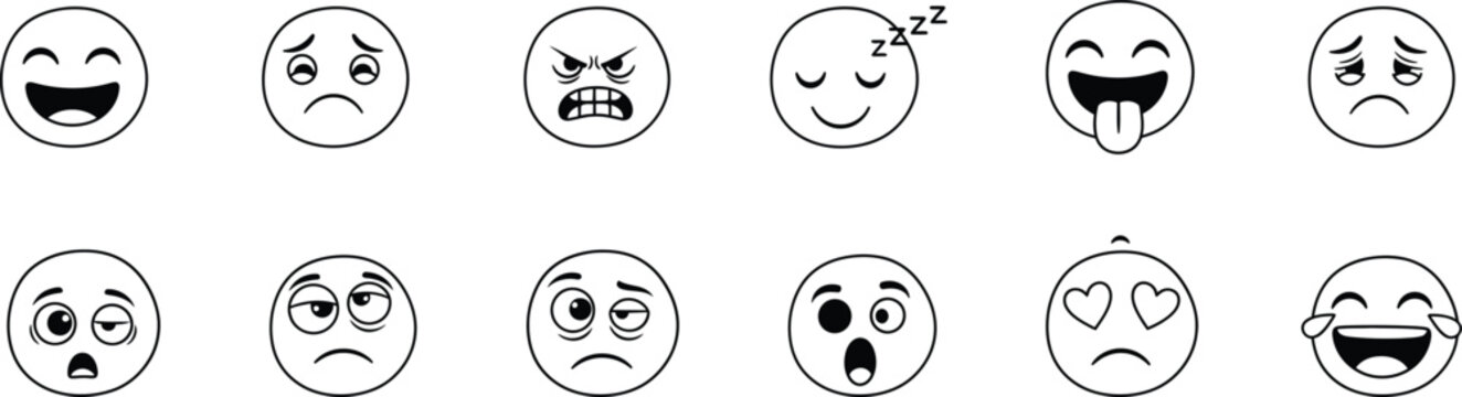 Cartoon faces with different expressions in black and white
