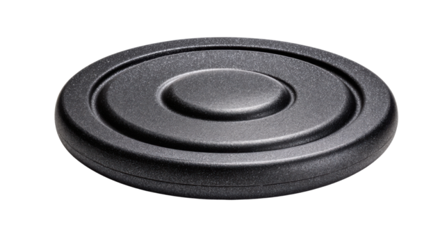 Smooth circular black textured disc displayed in clean studio lighting emphasizing shape, durability, balanced form and modern minimalist industrial design on white background