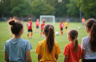 Kids watch soccer game from sidelines. Young girls cheer for teammates playing football match. Children enjoy outdoor sports event on green grass field, school tournament.