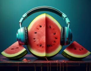 Chilled Melodies: A Juicy Watermelon Wearing Headphones with Slices on a Dripping Table, Against a Teal Background